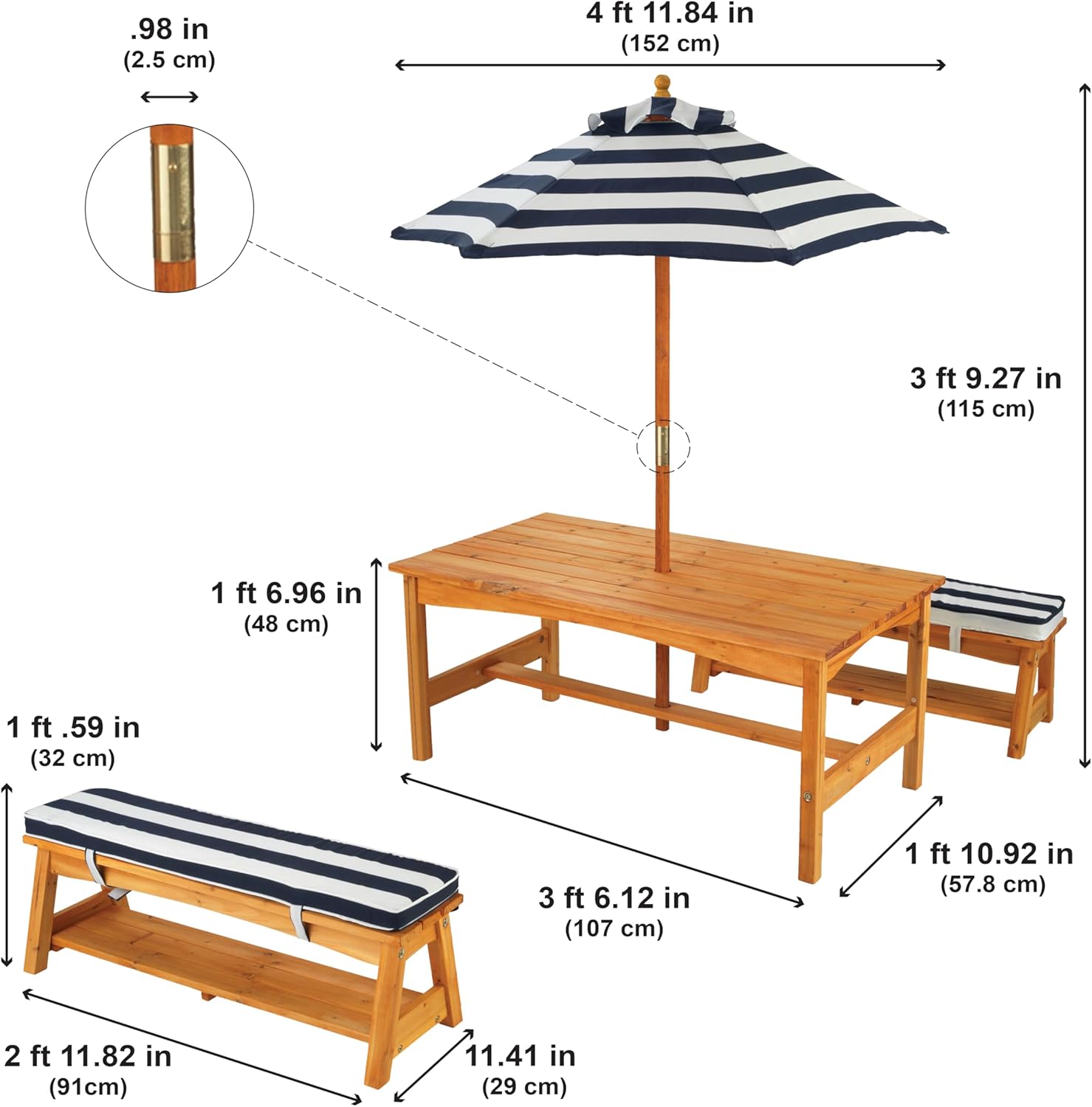 Outdoor Table & Bench Set with Cushions & Umbrella - Navy & White Stripes - Colorland Toys