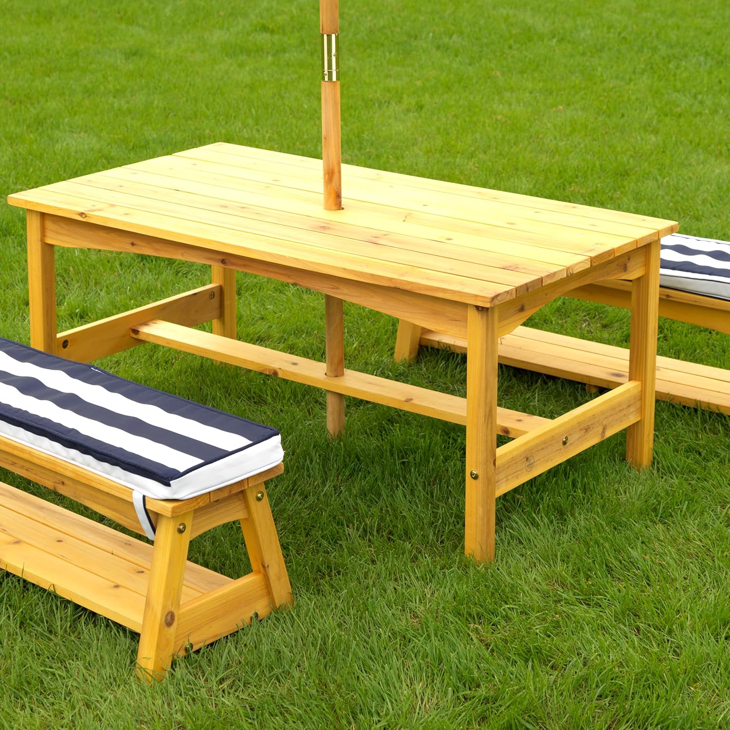 Outdoor Table & Bench Set with Cushions & Umbrella - Navy & White Stripes - Colorland Toys