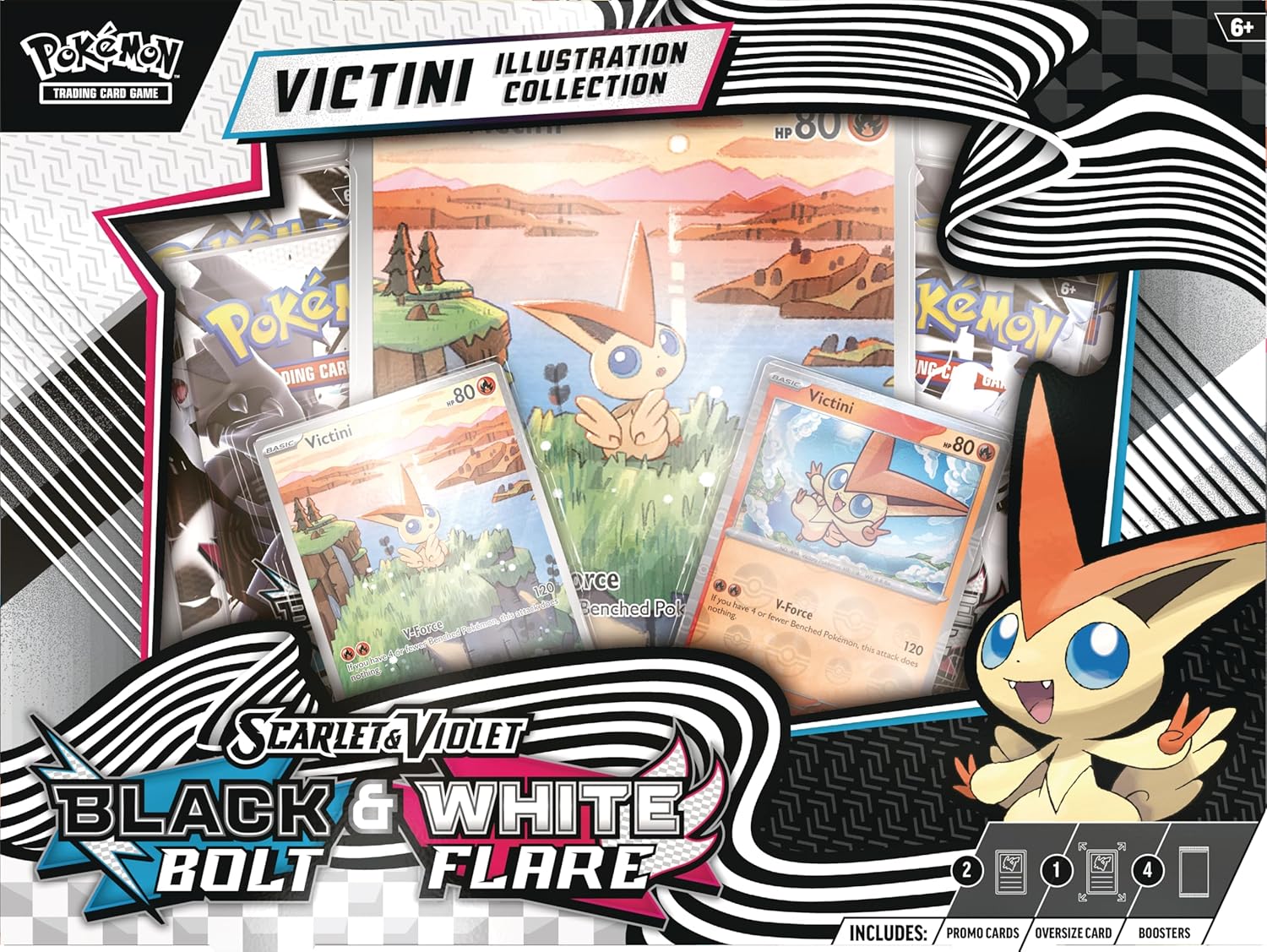 Pokémon TCG: Scarlet & Violet Black Bolt & White Flare – Victini Illustration Collection Box with 4 Booster Packs & Promo Cards - Colorland Toys