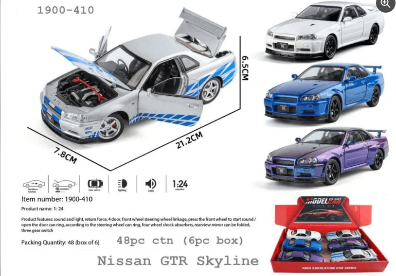 Pullback Nissan GTR R34 Skyline Die-Cast 1:18 Scale Asstd. 1900-460 - Colorland Toys