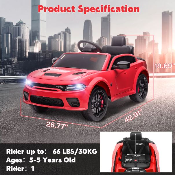 Ride On Car Dodge Challenger SRT 12V/2M, Red - Colorland Toys